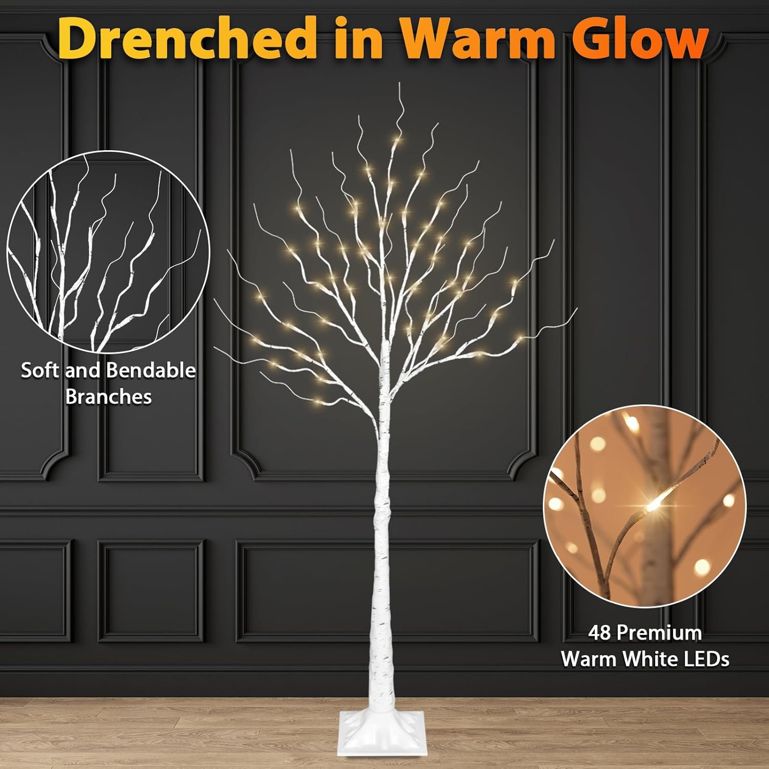 LED Birch Tree Lights, 4ft Trees with Warm White Lights, Outdoor Indoor Christmas Wedding Party Decor