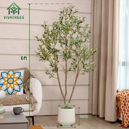 Artificial Olive Tree Tall Faux Silk Tree with White Tall Planter, with Natural Wood Trunk and Lifelike Fruits