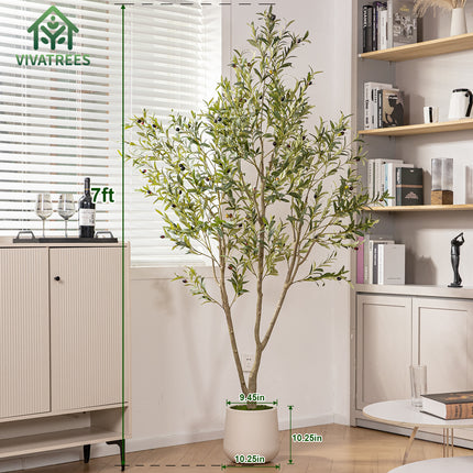 Artificial Olive Tree Tall Faux Silk Tree with White Tall Planter, with Natural Wood Trunk and Lifelike Fruits