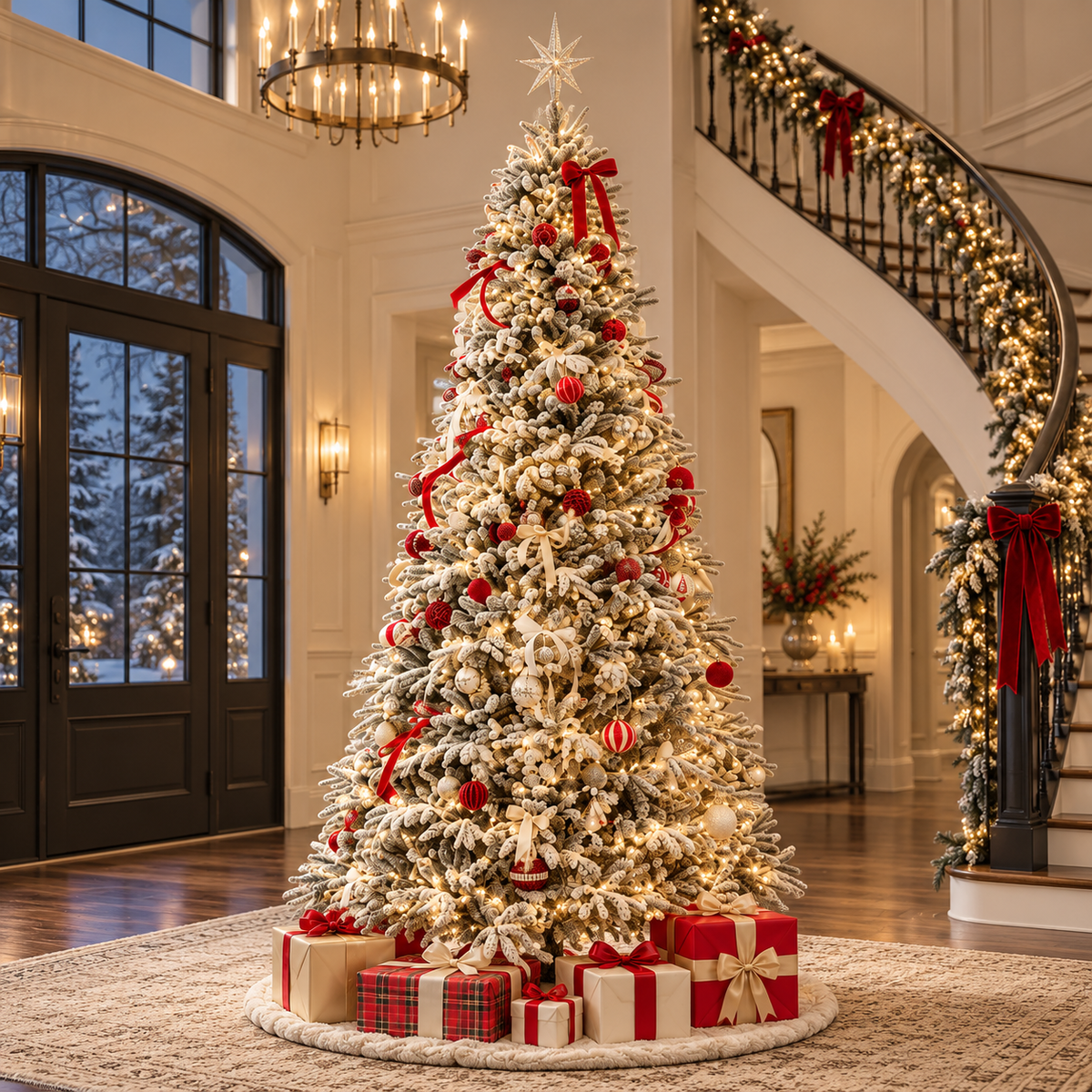 7.5' Frostwood Pre-Lit Flocked Fraser Fir Artificial Christmas Tree with 650 Warm White & Color LED Lights