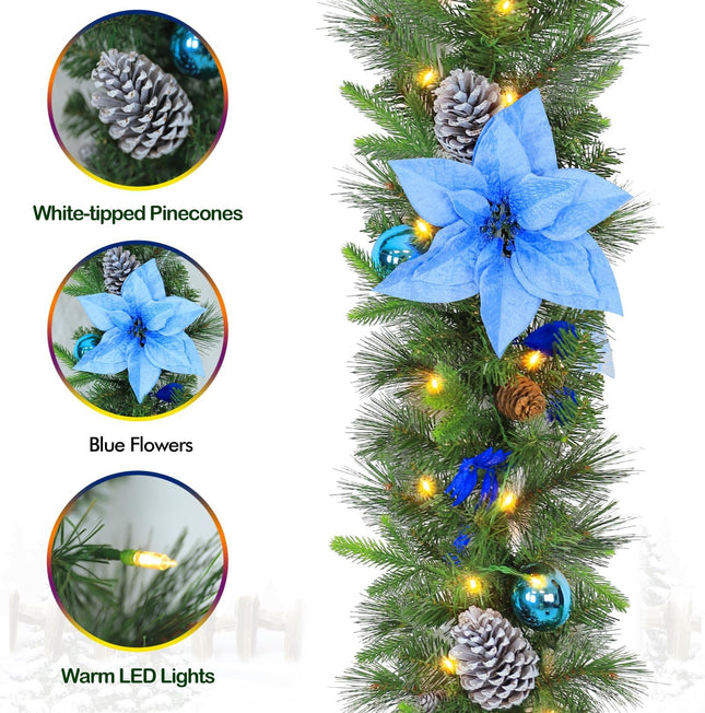 9' Pre-lit Christmas Garland with 50 Warm White Lights, 160 PE Branch Tips, Lighted Battery Operated Artificial Christmas Garland with Flowers & Ball Ornaments for Decor, Blue