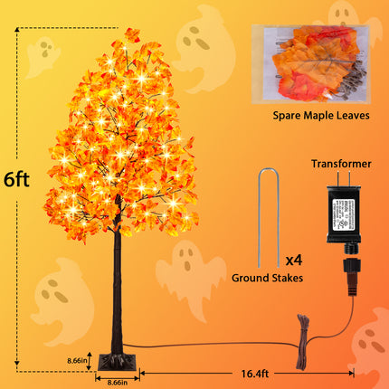 2 Pack 6FT Artificial Lighted Maple Tree with 120 LEDs, Fall Tree with Warm White Lights for Indoor Outdoor Autumn Halloween Thanksgiving Decor