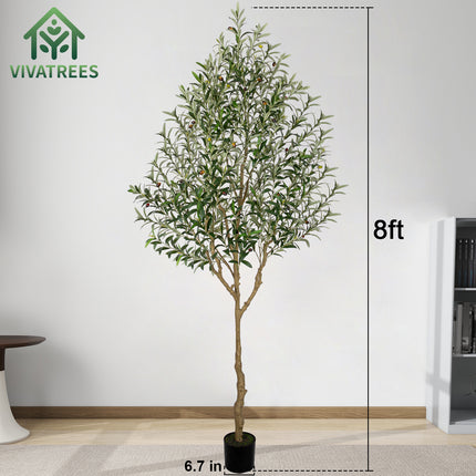 Artificial Olive Tree Tall Faux Silk Tree with White Tall Planter, with Natural Wood Trunk and Lifelike Fruits