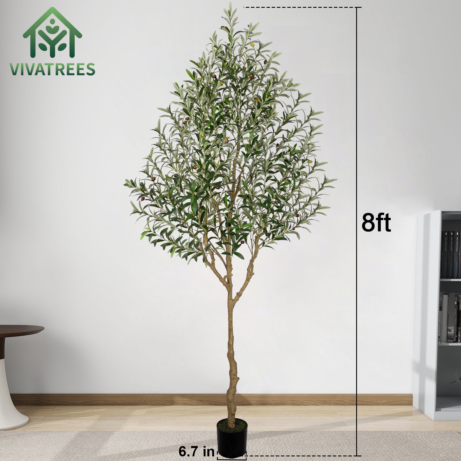 Artificial Olive Tree Tall Faux Silk Tree with White Tall Planter, with Natural Wood Trunk and Lifelike Fruits