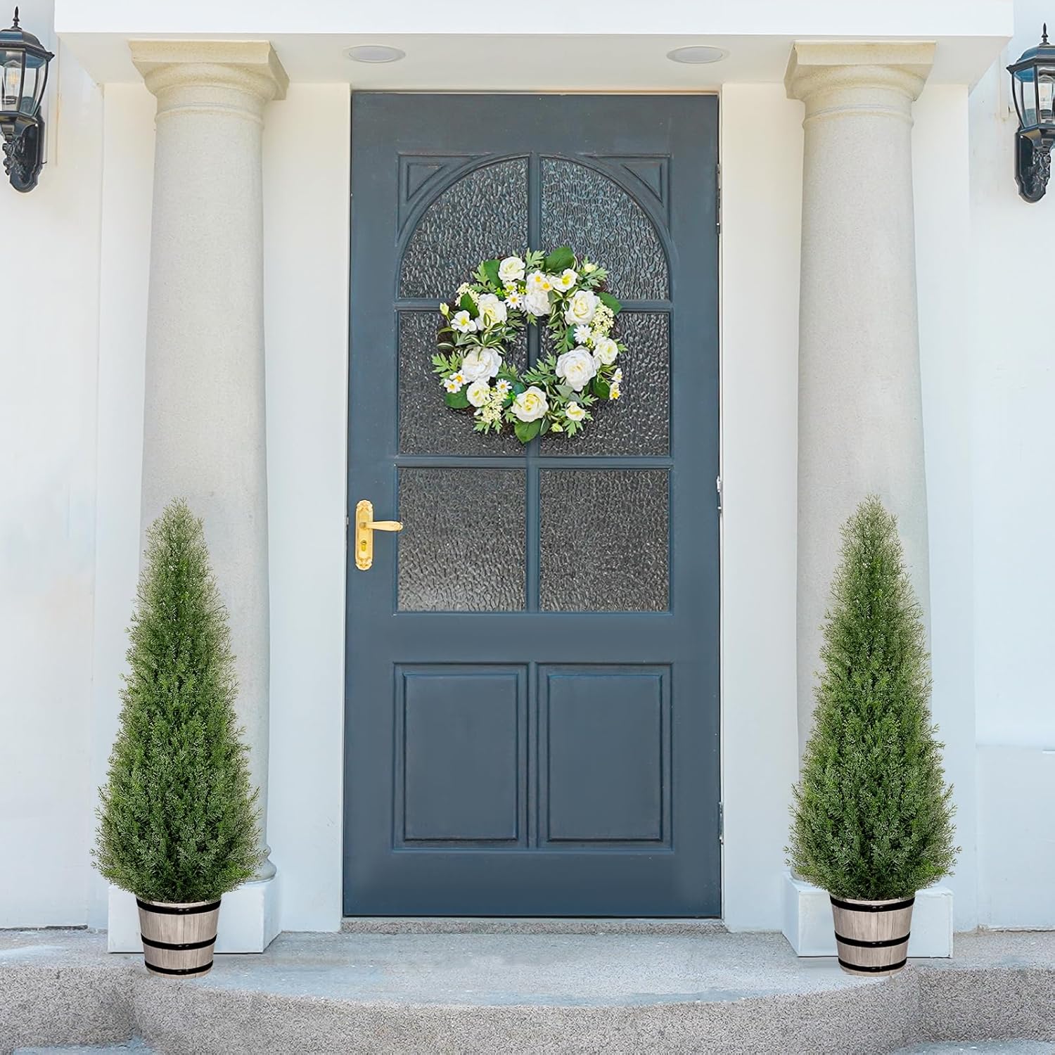 3FT Artificial Cedar Topiary Trees with Rustic Barrel Planter, Outdoor Indoor Realistic Faux Pine Shrubs Plants, Fake Cypress Trees for Home Offices Porch Decor, Set of 2