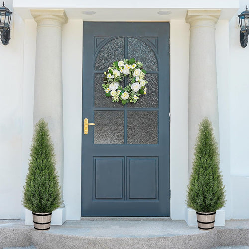 3FT Artificial Cedar Topiary Trees with Rustic Barrel Planter, Outdoor Indoor Realistic Faux Pine Shrubs Plants, Fake Cypress Trees for Home Offices Porch Decor, Set of 2