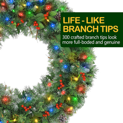 36'' Prelit Christmas Wreath with 150 Multi Color LED Lights, Artificial Christmas Wreath with 300 PVC Branch Tips, Decorated with Pinecones, Berries, Battery Operated