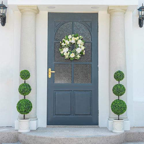 4FT/3FT Artificial Triple Ball Topiary Trees with Roman Style Vintage White Planter Pot, Outdoor Indoor Realistic Faux Shrubs Plants, Fake Trees for Home Offices Porch Decor, Set of 2