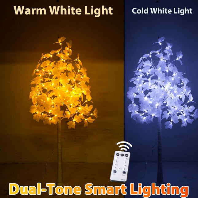 6FT 120LED Artificial Lighted White Maple Tree, Tall Tree with Dual-Tone Lights (Cold & Warm White) Thanksgiving, Christmas, Autumn Harvest Outdoor Indoor Home Decor