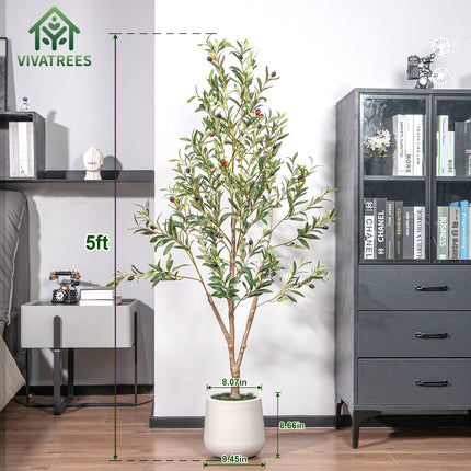 Artificial Olive Tree Tall Faux Silk Tree with White Tall Planter, with Natural Wood Trunk and Lifelike Fruits
