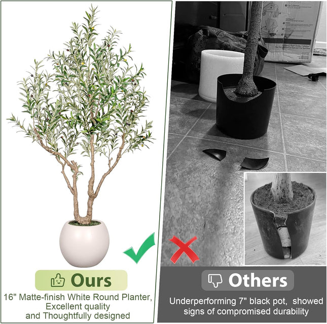 tall artificial plant in white pot 7FT Tall Faux Olive Tree with 16in Round White Planter
