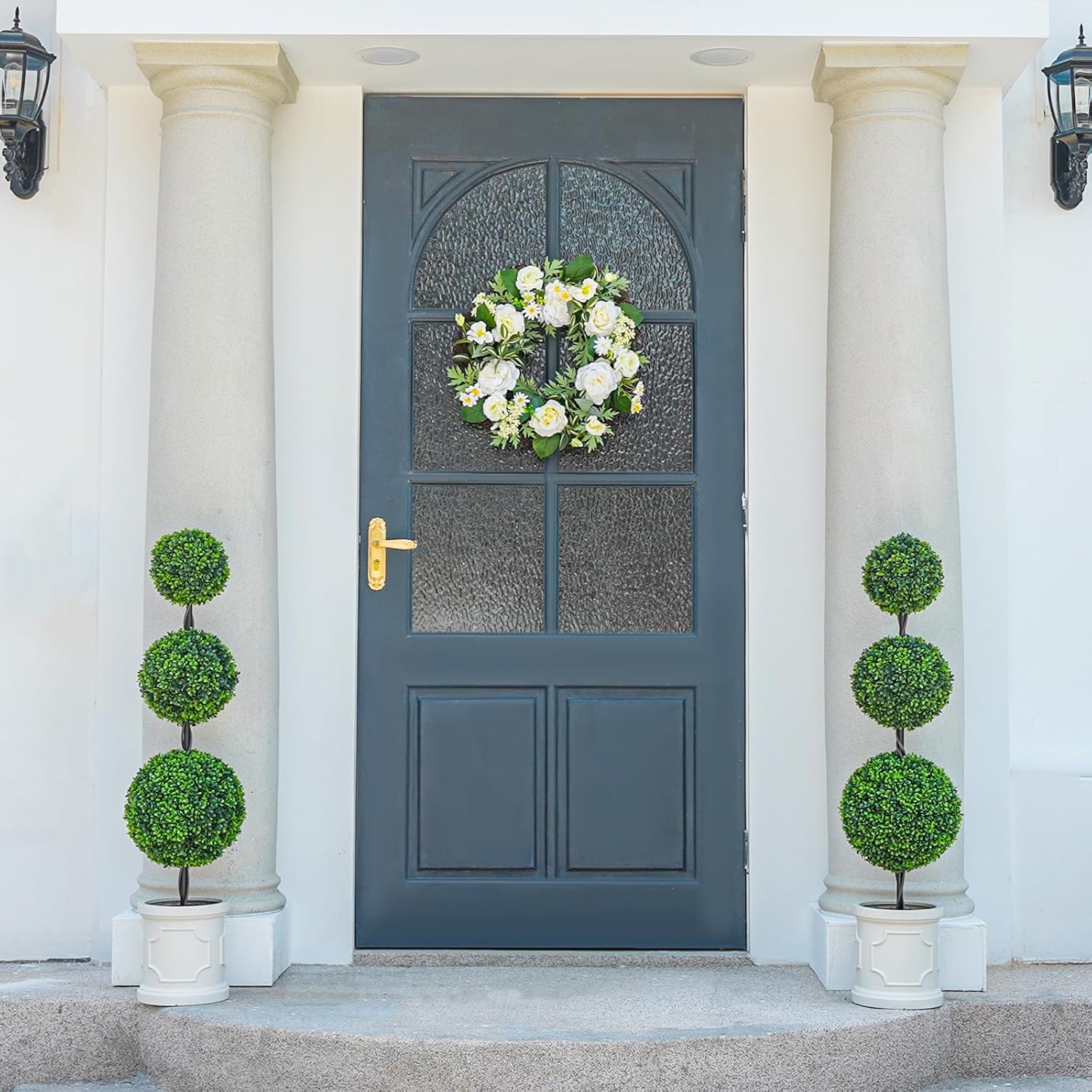 3FT/4FT Artificial Triple Ball Topiary Trees with Roman Style Vintage White Planter Pot, Outdoor Indoor Realistic Faux Shrubs Plants, Fake