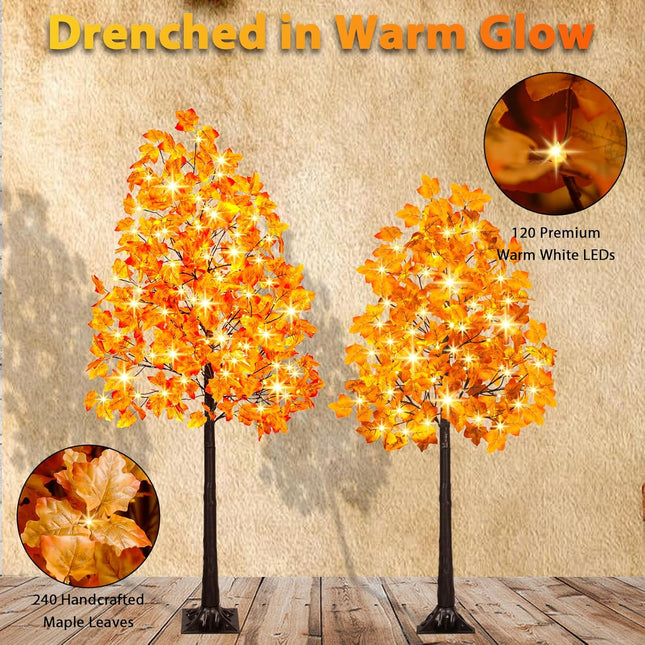 2PACK Artificial Lighted Maple Tree (5FT 96LED & 6FT 120LED) Tall Tree with Warm White Lights and Maple Leaves for Thanksgiving, Christmas, Autumn Harvest Outdoor Indoor Home Decor, Orange