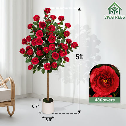 VIVATREES 5ft Artificial Camellia Tree, 60'' Tall Faux Camellia Plant with Red Flowers, UV Resistant Indoor Outdoor Fake Tree with White Planter Pot Included for Living Room Patio Wedding Decor