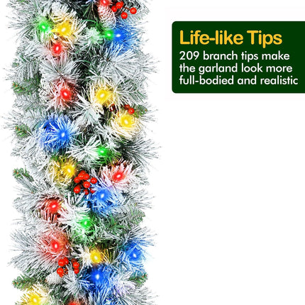 9' Prelit Snow Flocked Christmas Garland with 50 Multi-Color LED Lights, Pinecones and Red Berries, Artificial Christmas Garland, Battery Operated with Timer