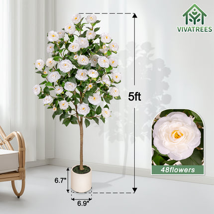 VIVATREES 5ft Artificial Camellia Tree, 60'' Tall Faux Camellia Plant with White Flowers, UV Resistant Indoor Outdoor Fake Tree with White Planter Pot Included for Living Room Patio Wedding Decor