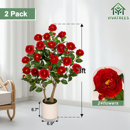 VIVATREES 3ft Artificial Camellia Tree 2 Pack, 36'' Tall Faux Camellia Plant with Red Flowers, UV Resistant Indoor Outdoor Fake Tree with White Planter Pot Included for Home Patio Wedding Decor