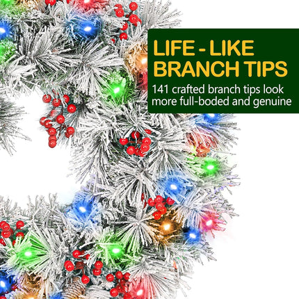24'' Snow Flocked Artificial Christmas Wreath, Wintry Pine, Pre-lit Frosted Wreath with 50 Multi-color LED Lights, Battery Operated with Timer, Adorned with Pinecones, Red Berries