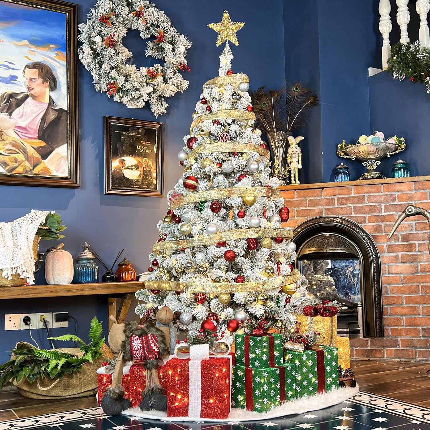 6.5' Snow Flocked Artificial Christmas Tree with Pine Cones, Metal Stand and Hinged Branches