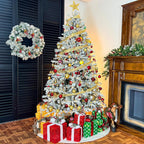 VIVATREES 6.5'/7.5'/9' Snow Flocked Prelit Christmas Tree with Pine Cones, Warm White Lights, Metal Stand and Hinged Branches