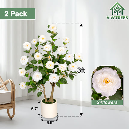 VIVATREES 3ft Artificial Camellia Tree 2 Pack, 36'' Tall Faux Camellia Plant with White Flowers, UV Resistant Indoor Outdoor Fake Tree with White Planter Pot Included for Home Patio Wedding Decor