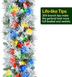 12' Snow Flocked Christmas Garland with 100 Multicolor LED Lights, Pinecones & Red Berries, Prelit Artificial Christmas Garland, Battery Operated with Timer