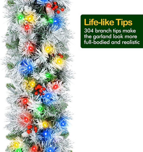 12' Snow Flocked Christmas Garland with 100 Multicolor LED Lights, Pinecones & Red Berries, Prelit Artificial Christmas Garland, Battery Operated with Timer