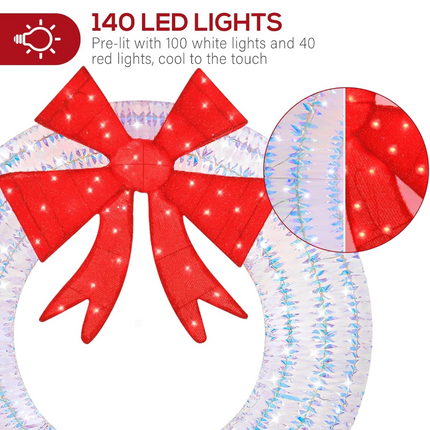 4' Lighted Outdoor Iridescent Christmas Wreath with 140 LED Lights, Outdoor Christmas Holiday Decoration with Bow for Garden, Porch - White