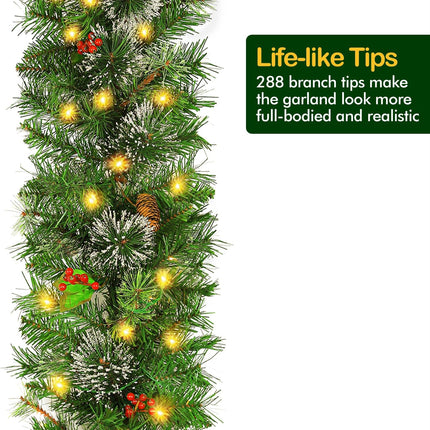 12' Prelit Christmas Garland with 100 Warm White Lights, Artificial Garland with 288 PVC Branch Tips, Adorned with Pinecones & Red Berries, Battery Operated