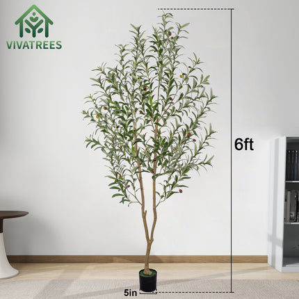 Artificial Olive Tree Tall Faux Silk Tree with White Tall Planter, with Natural Wood Trunk and Lifelike Fruits