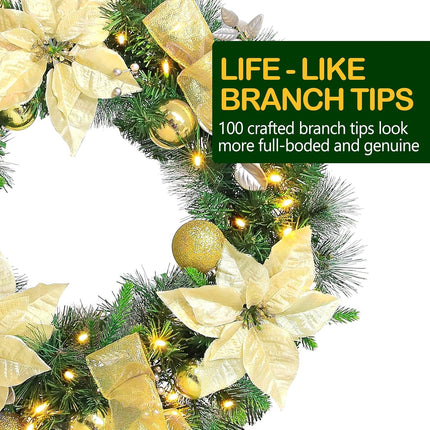 24'' Pre-Lit Artificial Christmas Wreath with 50 Warm White LED Lights, 100 PE Branch Tips, Lighted Battery Operated Wreath with Poinsettia Flowers & Gold Balls, Hanger Included, Champagne
