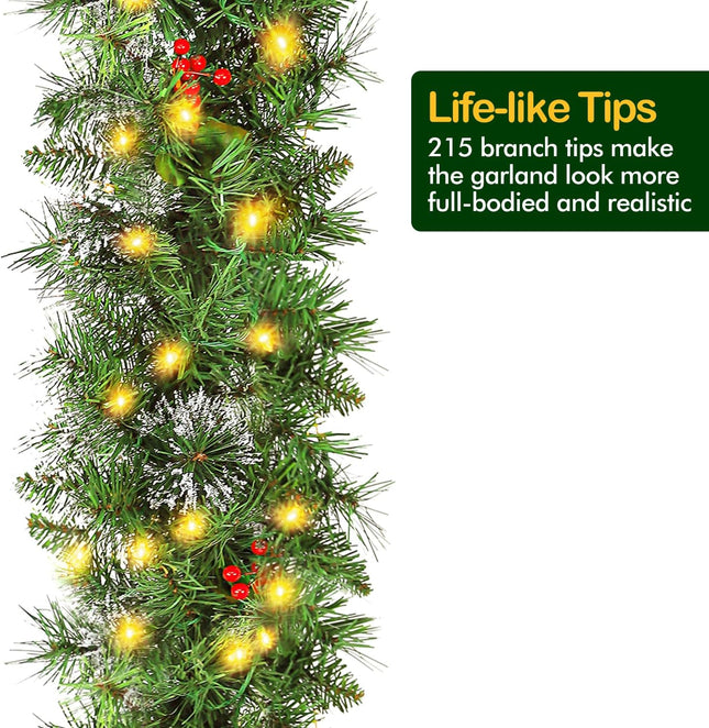 9' Prelit Christmas Garland with 50 Warm White Lights, Artificial Garland with 215 PVC Branch Tips, Adorned with Pinecones & Red Berries, Battery Operated
