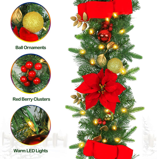 9' Pre-lit Christmas Garland with 50 Warm White Lights, 160 PE Branch Tips, Lighted Artificial Christmas Garland with Poinsettias and Ball Ornaments for Decor, Battery Operated, Red