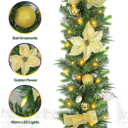 9' Pre-lit Christmas Garland with 50 Warm White Lights, 160 PE Branch Tips, Lighted Battery Operated Artificial Christmas Garland with Poinsettia and Gold Balls for Mantle, Champagne