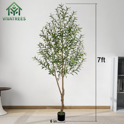 Artificial Olive Tree Tall Faux Silk Tree with White Tall Planter, with Natural Wood Trunk and Lifelike Fruits