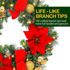 24'' Pre-Lit Artificial Christmas Wreath with 50 Warm White LED Lights, 100 PE Branch Tips, Battery Operated Christmas Wreath with Poinsettias and Ball Ornaments, Hanger Included, Red