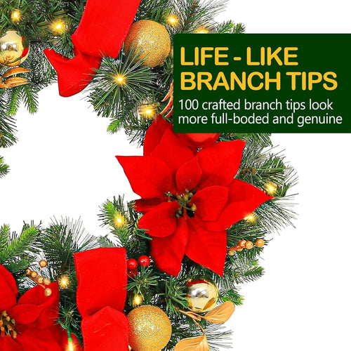 24'' Pre-Lit Artificial Christmas Wreath with 50 Warm White LED Lights, 100 PE Branch Tips, Battery Operated Christmas Wreath with Poinsettias and Ball Ornaments, Hanger Included, Red