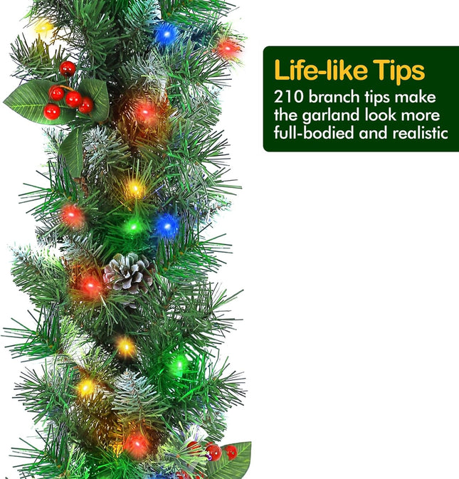 9' Prelit Christmas Garland with 50 Multi Color LED Lights, Artificial Christmas Garland with 210 PVC Branch Tips, Adorned with Pinecones & Red Berries, Battery Operated