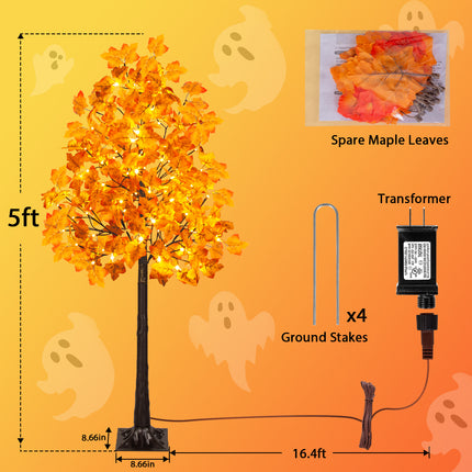 2 Pack 5FT Artificial Lighted Maple Tree with 96 LEDs, Fall Tree with Warm White Lights for Indoor Outdoor Autumn Halloween Thanksgiving Decor