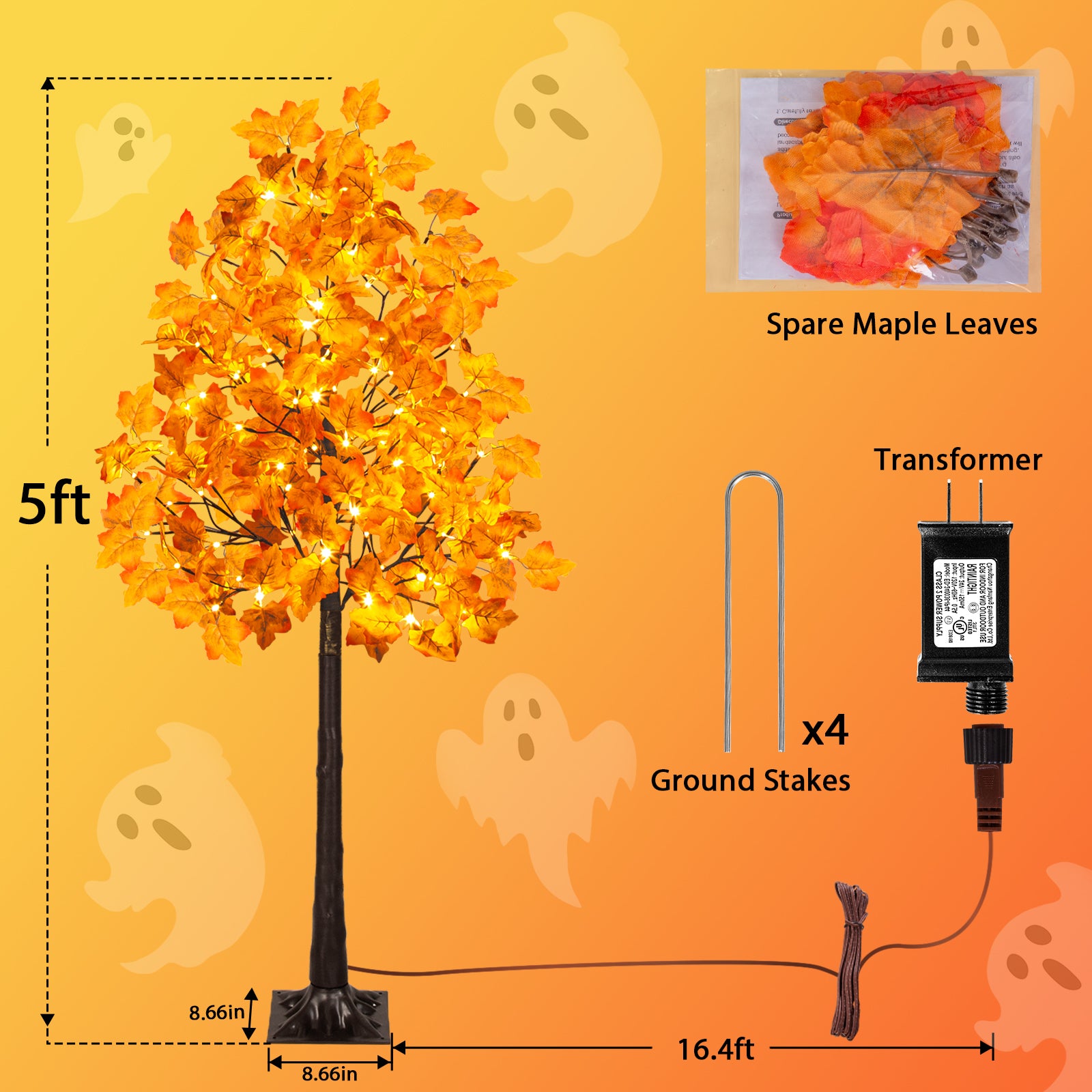 2 Pack 5FT Artificial Lighted Maple Tree with 96 LEDs, Fall Tree with Warm White Lights for Indoor Outdoor Autumn Halloween Thanksgiving Decor