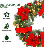 24'' Pre-Lit Artificial Christmas Wreath with 50 Warm White LED Lights, 100 PE Branch Tips, Battery Operated Christmas Wreath with Poinsettias and Ball Ornaments, Hanger Included, Red