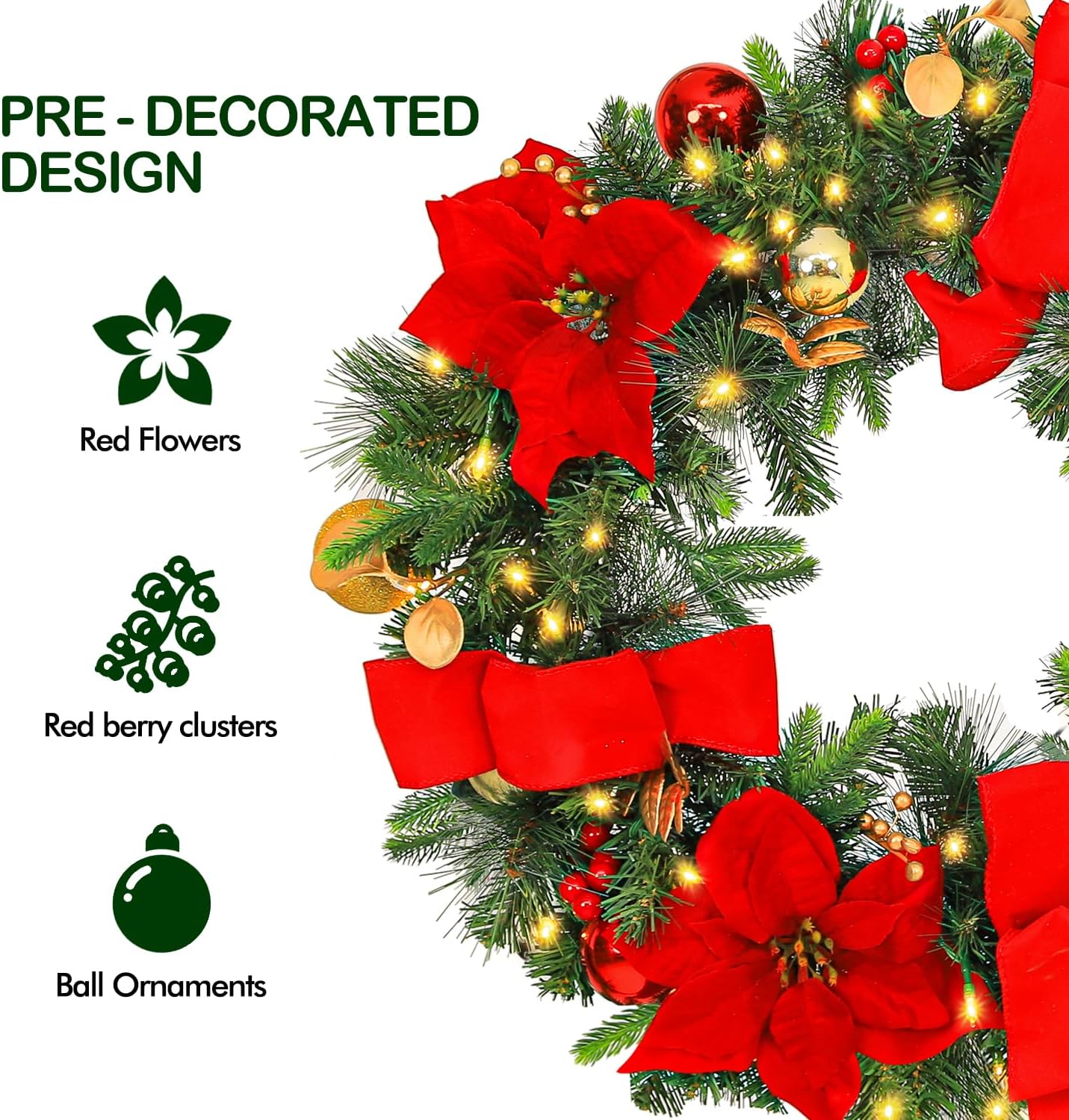 24'' Pre-Lit Artificial Christmas Wreath with 50 Warm White LED Lights, 100 PE Branch Tips, Battery Operated Christmas Wreath with Poinsettias and Ball Ornaments, Hanger Included, Red