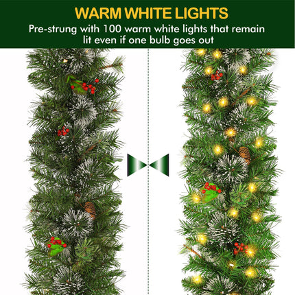 12' Prelit Christmas Garland with 100 Warm White Lights, Artificial Garland with 288 PVC Branch Tips, Adorned with Pinecones & Red Berries, Battery Operated