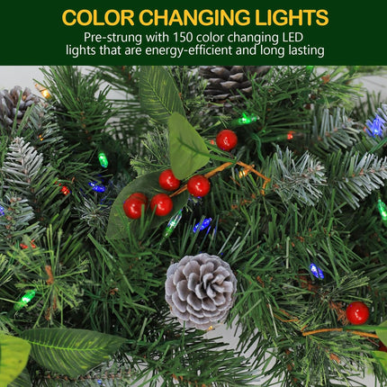 36'' Prelit Christmas Wreath with 150 Multi Color LED Lights, Artificial Christmas Wreath with 300 PVC Branch Tips, Decorated with Pinecones, Berries, Battery Operated