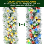 12' Snow Flocked Christmas Garland with 100 Multicolor LED Lights, Pinecones & Red Berries, Prelit Artificial Christmas Garland, Battery Operated with Timer