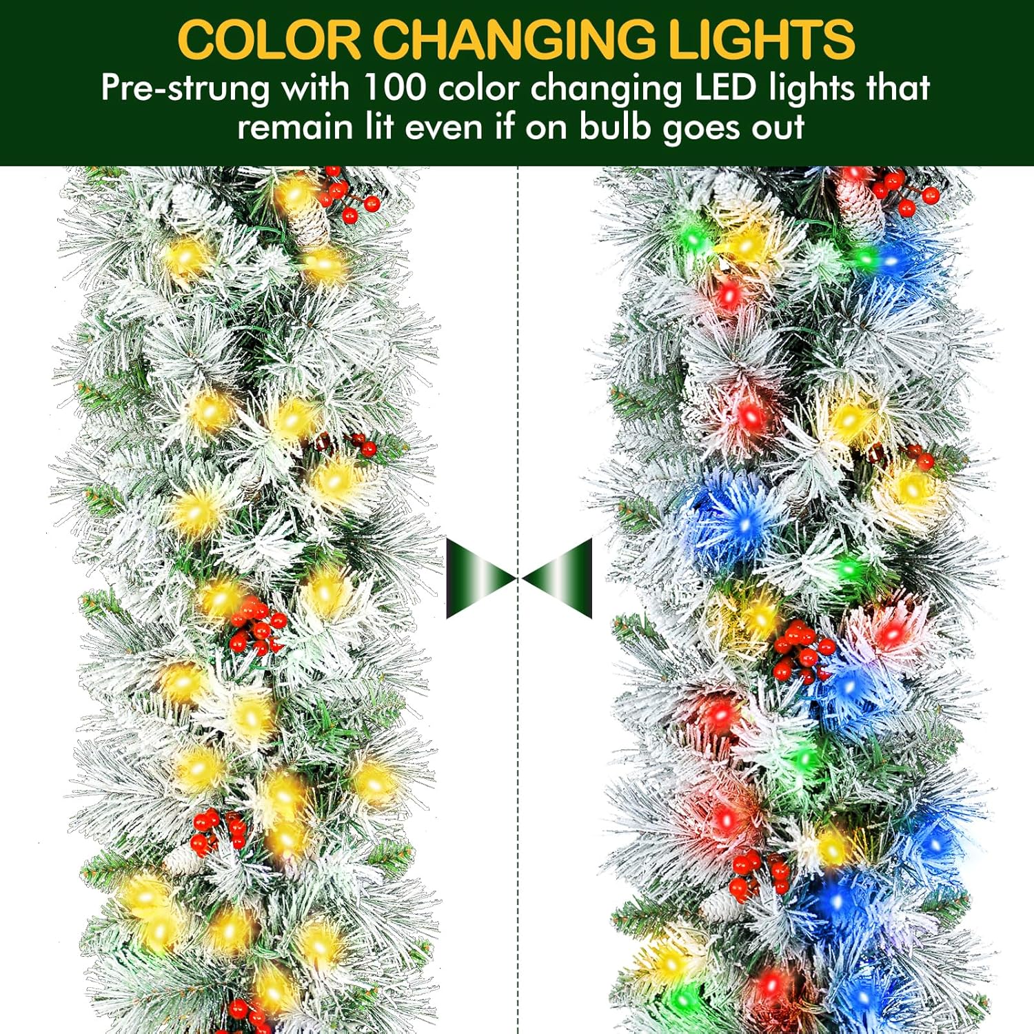 12' Snow Flocked Christmas Garland with 100 Multicolor LED Lights, Pinecones & Red Berries, Prelit Artificial Christmas Garland, Battery Operated with Timer