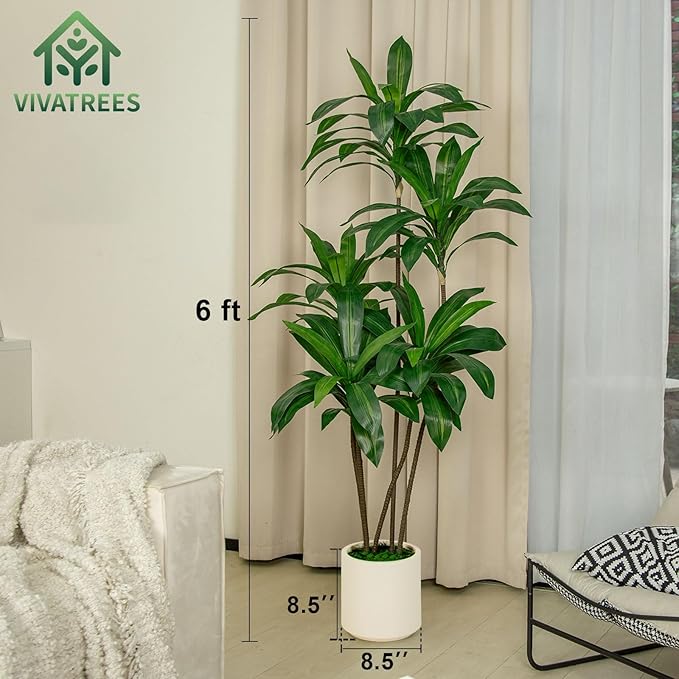 6FT/5FT Tall Faux Dracaena Tree Artificial Plant with Natural Wood Trunk & Vibrant Green Leaves in White Planter