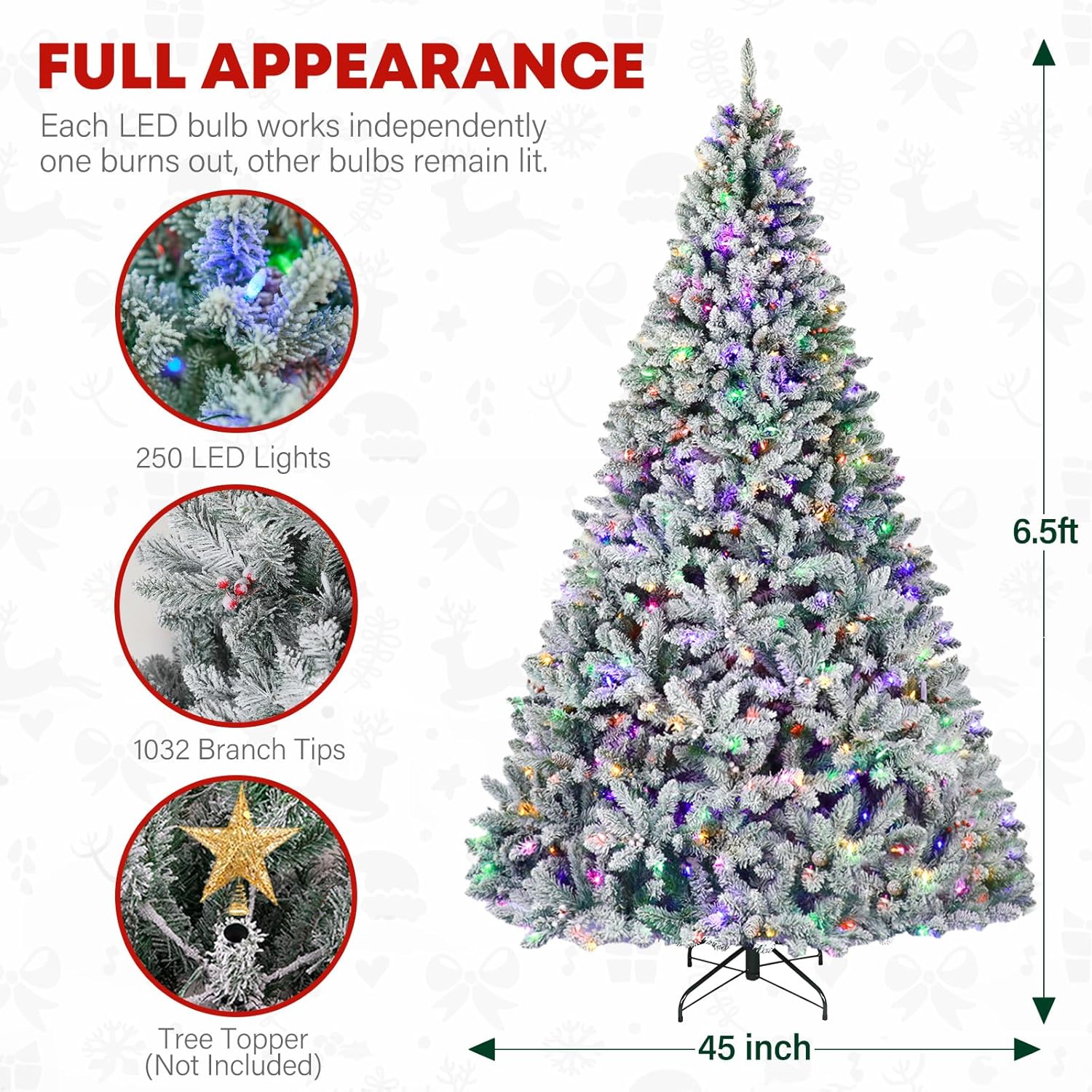 Vivatrees 6.5'/7.5'/9' Prelit Snow Flocked Christmas Tree with Pine Cones and Berries, Color Changing LED Lights, Branch Tips, Metal Stand and Hinged Branches, 10 Color Modes