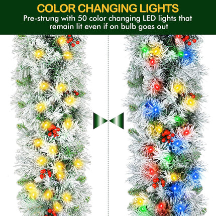 9' Prelit Snow Flocked Christmas Garland with 50 Multi-Color LED Lights, Pinecones and Red Berries, Artificial Christmas Garland, Battery Operated with Timer