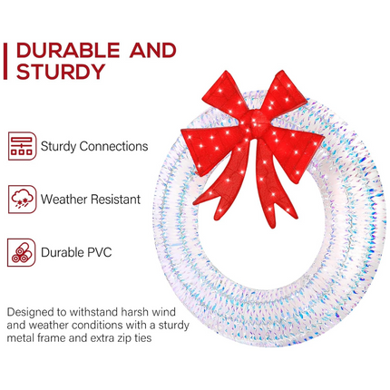 4' Lighted Outdoor Iridescent Christmas Wreath with 140 LED Lights, Outdoor Christmas Holiday Decoration with Bow for Garden, Porch - White